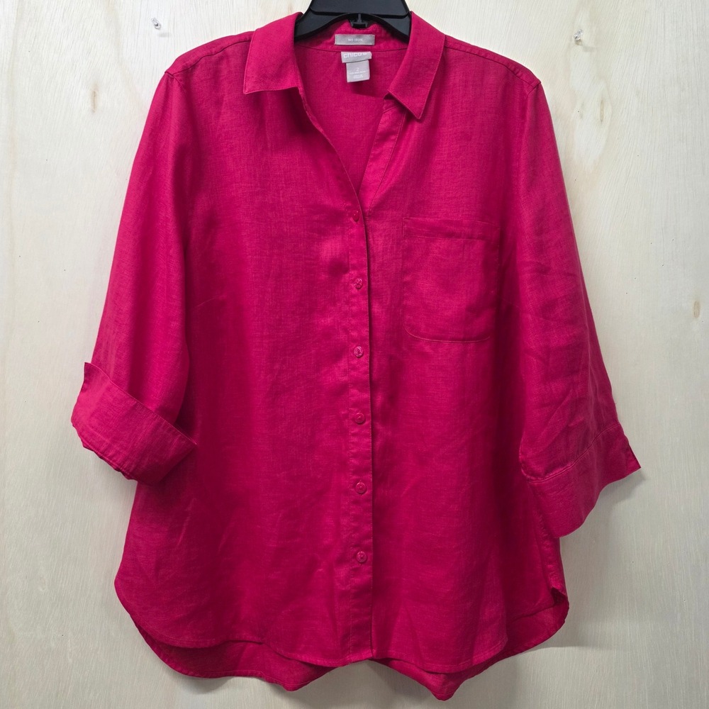 Chico's No Iron 100% Linen Button Down Shirt Magenta Pink 3/4 Sleeve Size 2 L/XL